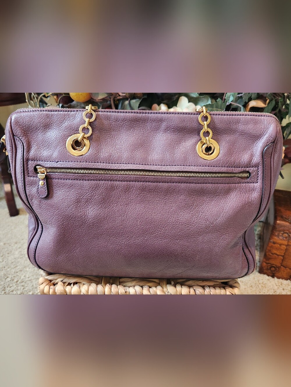 Salvatore Ferragamo Purple Leather Gancini Chain Shoulder Bag Tote Made In Italy - Picture 4 of 16